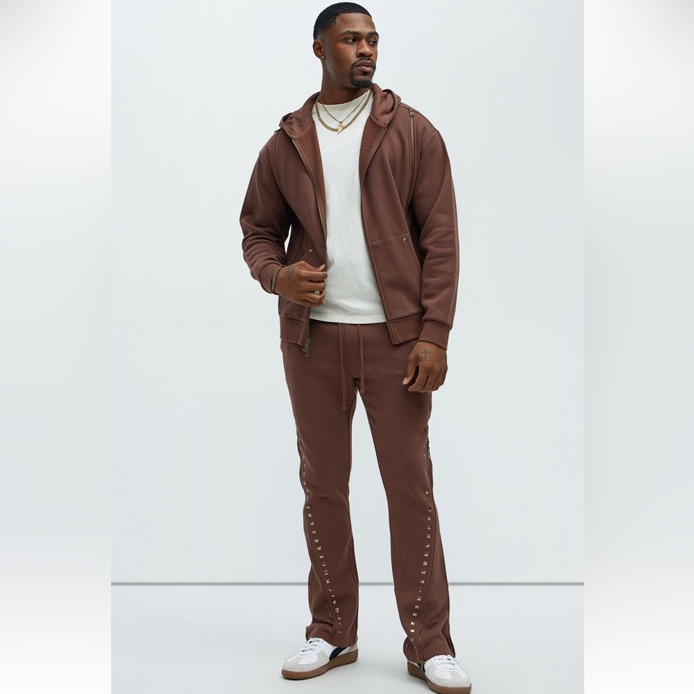 (2-piece) Tyson Sleaze Studded Zip Up Hoodie and Pant- Brown Set
